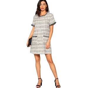 Tweed Short Sleeve Shift Tunic Dress with Pockets